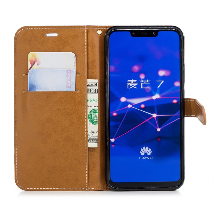 Splicing Jean Cloth PU Leather Wallet Stand Cell Phone Case with Strap for Huawei Mate 20 Lite / Maimang 7 - Khaki-10