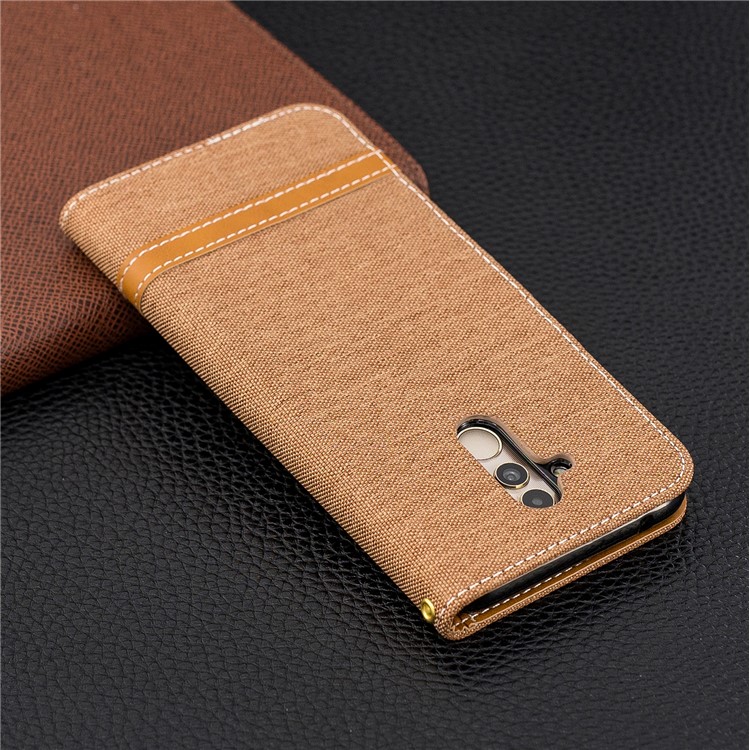 Splicing Jean Cloth PU Leather Wallet Stand Cell Phone Case with Strap for Huawei Mate 20 Lite / Maimang 7 - Khaki-3