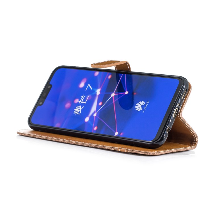 Splicing Jean Cloth PU Leather Wallet Stand Cell Phone Case with Strap for Huawei Mate 20 Lite / Maimang 7 - Khaki-7