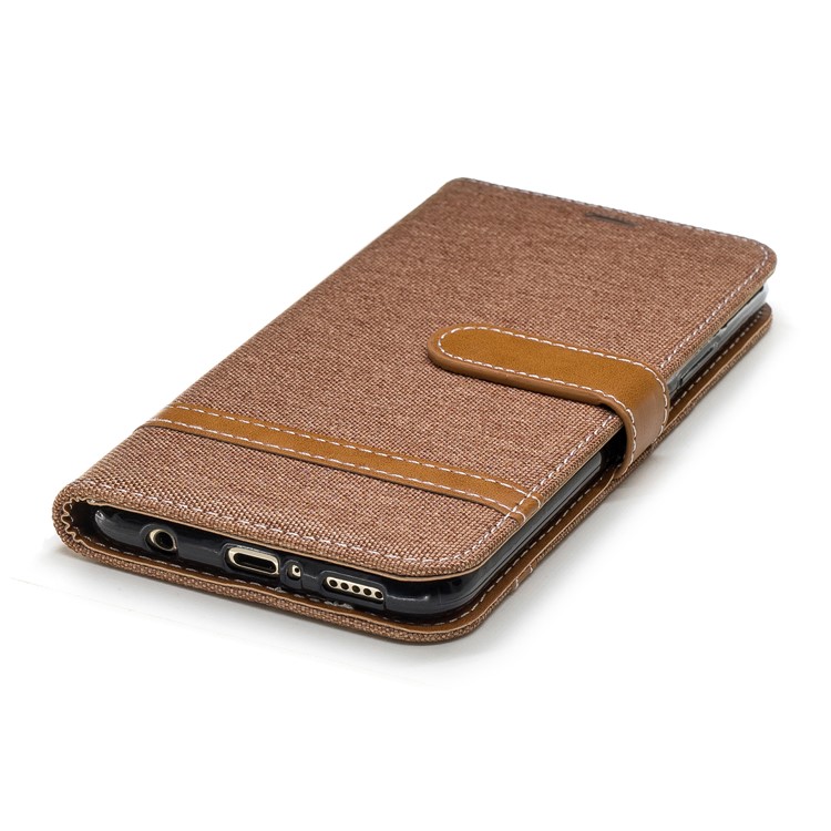 Splicing Jean Cloth PU Leather Wallet Stand Cell Phone Case with Strap for Huawei Mate 20 Lite / Maimang 7 - Khaki-8