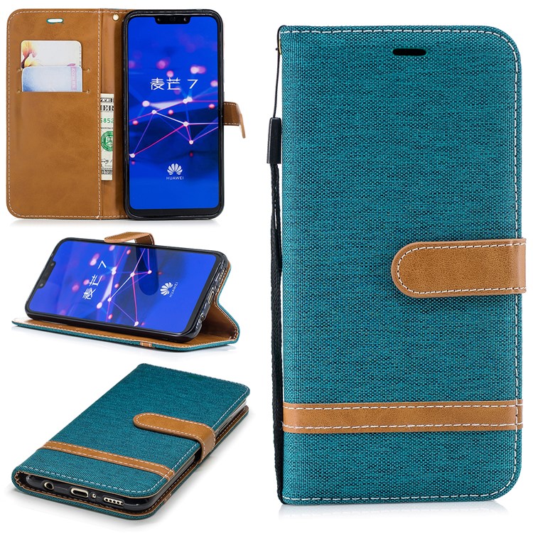 Splicing Jean Cloth PU Leather Wallet Stand Cell Phone Cover with Strap for Huawei Mate 20 Lite / Maimang 7 - Green-1