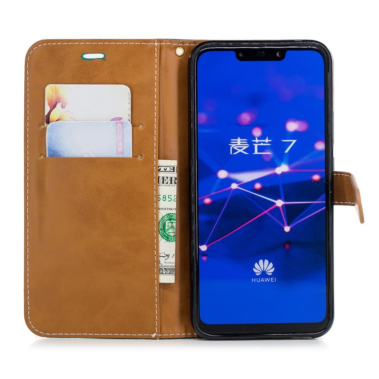 Splicing Jean Cloth PU Leather Wallet Stand Cell Phone Cover with Strap for Huawei Mate 20 Lite / Maimang 7 - Green-10