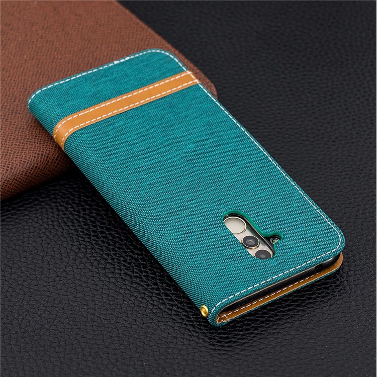 Splicing Jean Cloth PU Leather Wallet Stand Cell Phone Cover with Strap for Huawei Mate 20 Lite / Maimang 7 - Green-3