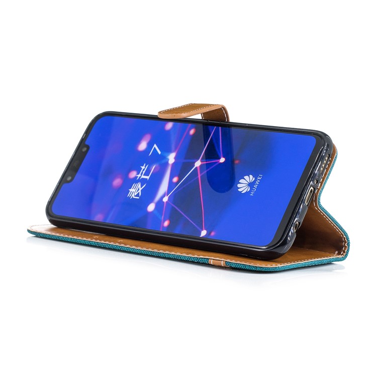Splicing Jean Cloth PU Leather Wallet Stand Cell Phone Cover with Strap for Huawei Mate 20 Lite / Maimang 7 - Green-7
