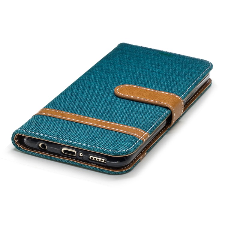 Splicing Jean Cloth PU Leather Wallet Stand Cell Phone Cover with Strap for Huawei Mate 20 Lite / Maimang 7 - Green-8
