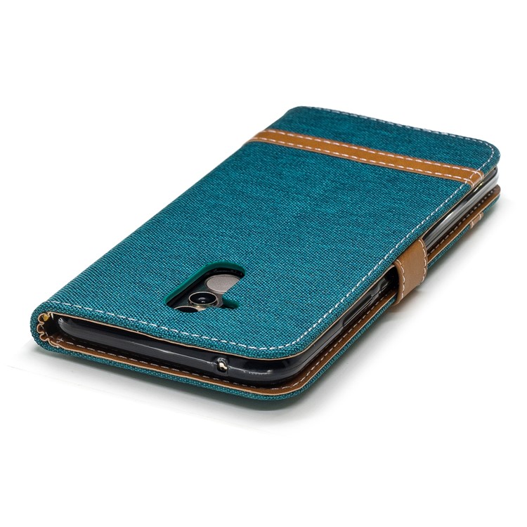 Splicing Jean Cloth PU Leather Wallet Stand Cell Phone Cover with Strap for Huawei Mate 20 Lite / Maimang 7 - Green-9