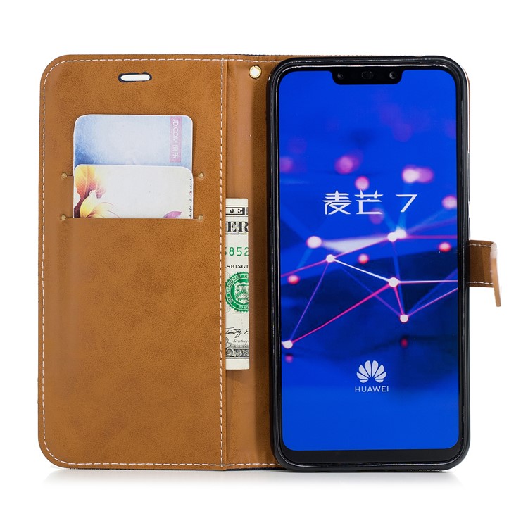 Splicing Jean Cloth PU Leather Wallet Stand Protective Cover with Strap for Huawei Mate 20 Lite / Maimang 7 - Dark Blue-10