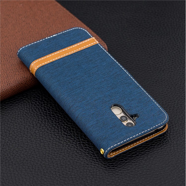 Splicing Jean Cloth PU Leather Wallet Stand Protective Cover with Strap for Huawei Mate 20 Lite / Maimang 7 - Dark Blue-3