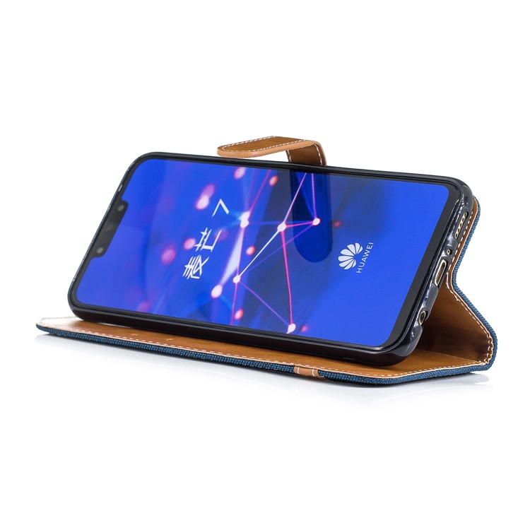 Splicing Jean Cloth PU Leather Wallet Stand Protective Cover with Strap for Huawei Mate 20 Lite / Maimang 7 - Dark Blue-7