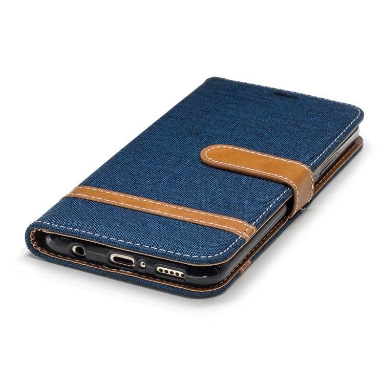 Splicing Jean Cloth PU Leather Wallet Stand Protective Cover with Strap for Huawei Mate 20 Lite / Maimang 7 - Dark Blue-8