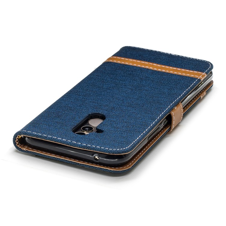 Splicing Jean Cloth PU Leather Wallet Stand Protective Cover with Strap for Huawei Mate 20 Lite / Maimang 7 - Dark Blue-9