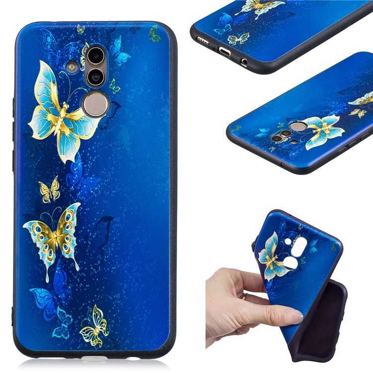 Embossed TPU Protection Phone Shell for Huawei Mate 20 Lite / Maimang 7 - Blue and Gold Butterfly-1