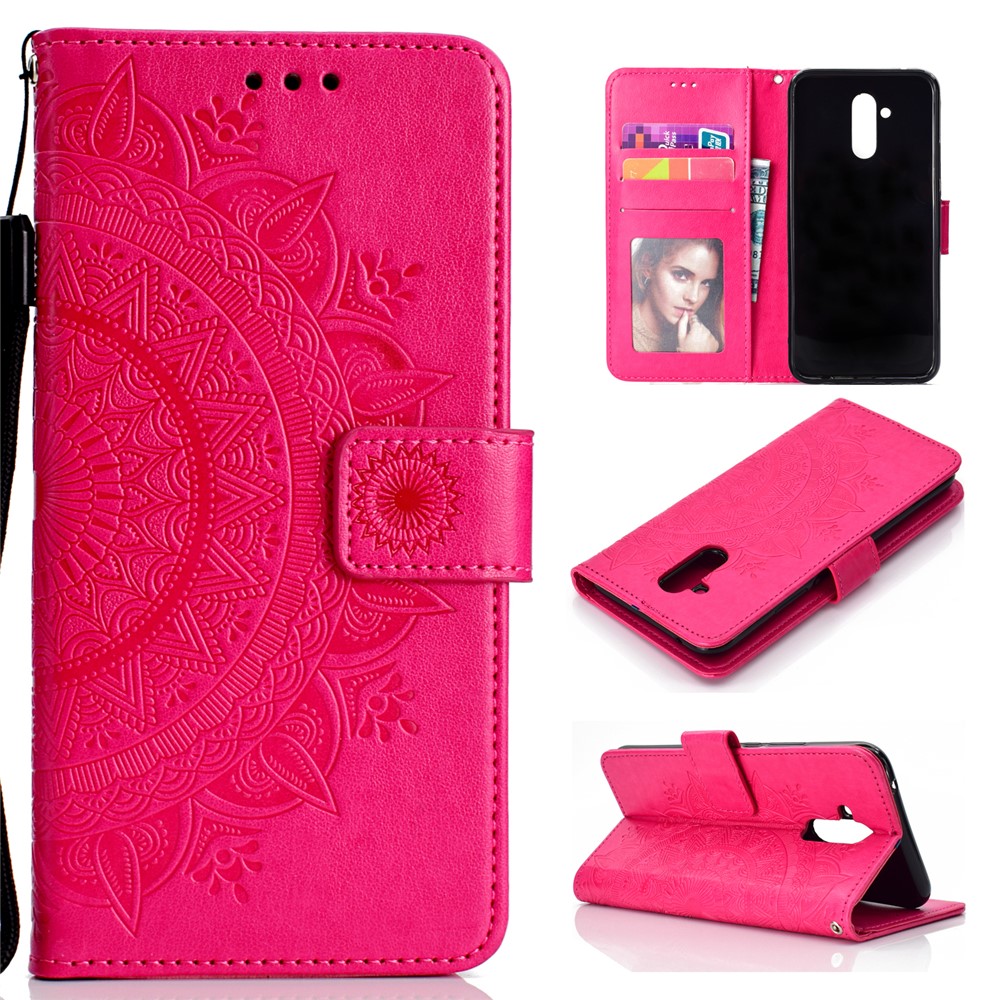 Imprint Totem Pattern Wallet Stand Pelle In Cuoio Per Huawei Mate 20 Lite - Rosa