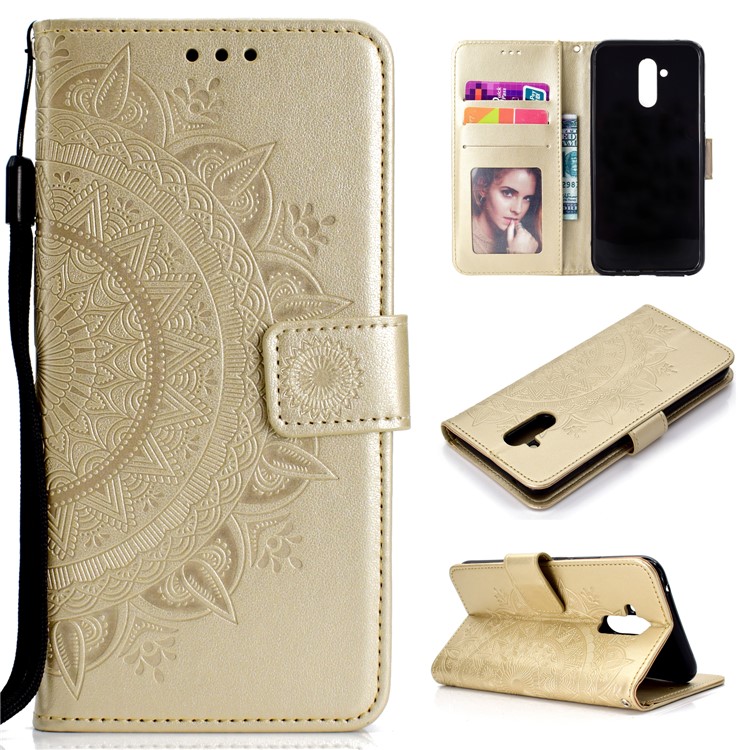 Imprint Totem Pattern Wallet Stand Leather Case for Huawei Mate 20 Lite - Gold-1
