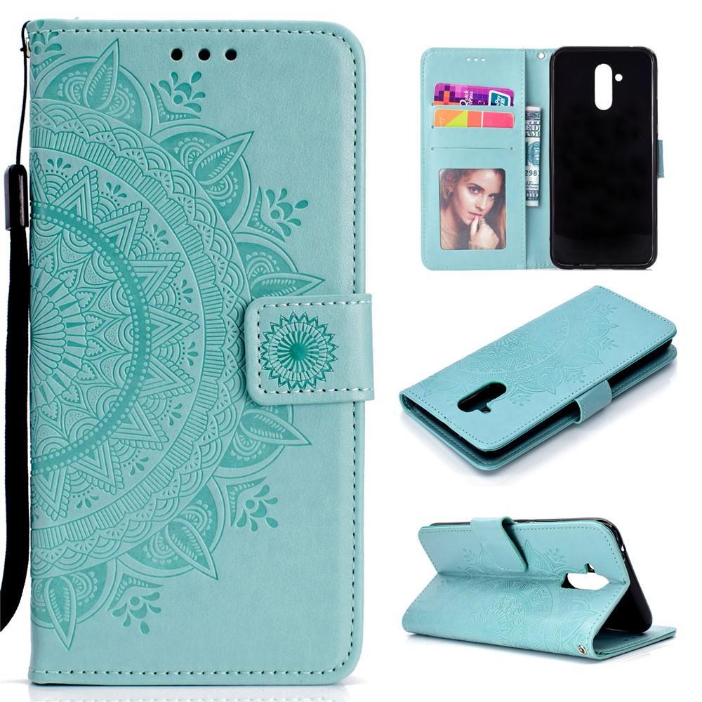 Empreinte Totem Motif Portefeuille Stand en Cuir Couvercle Pour Huawei Mec 20 Lite - Cyan