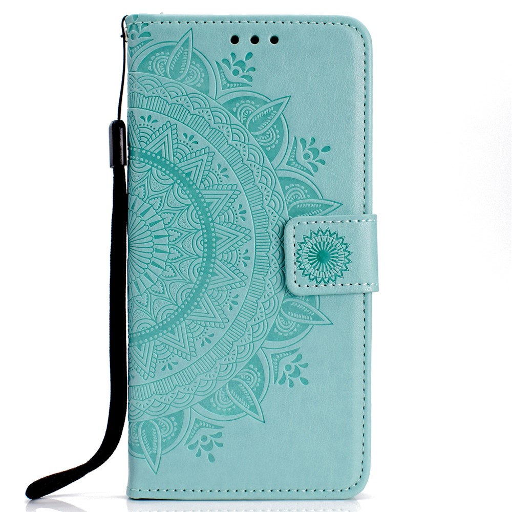 Empreinte Totem Motif Portefeuille Stand en Cuir Couvercle Pour Huawei Mec 20 Lite - Cyan