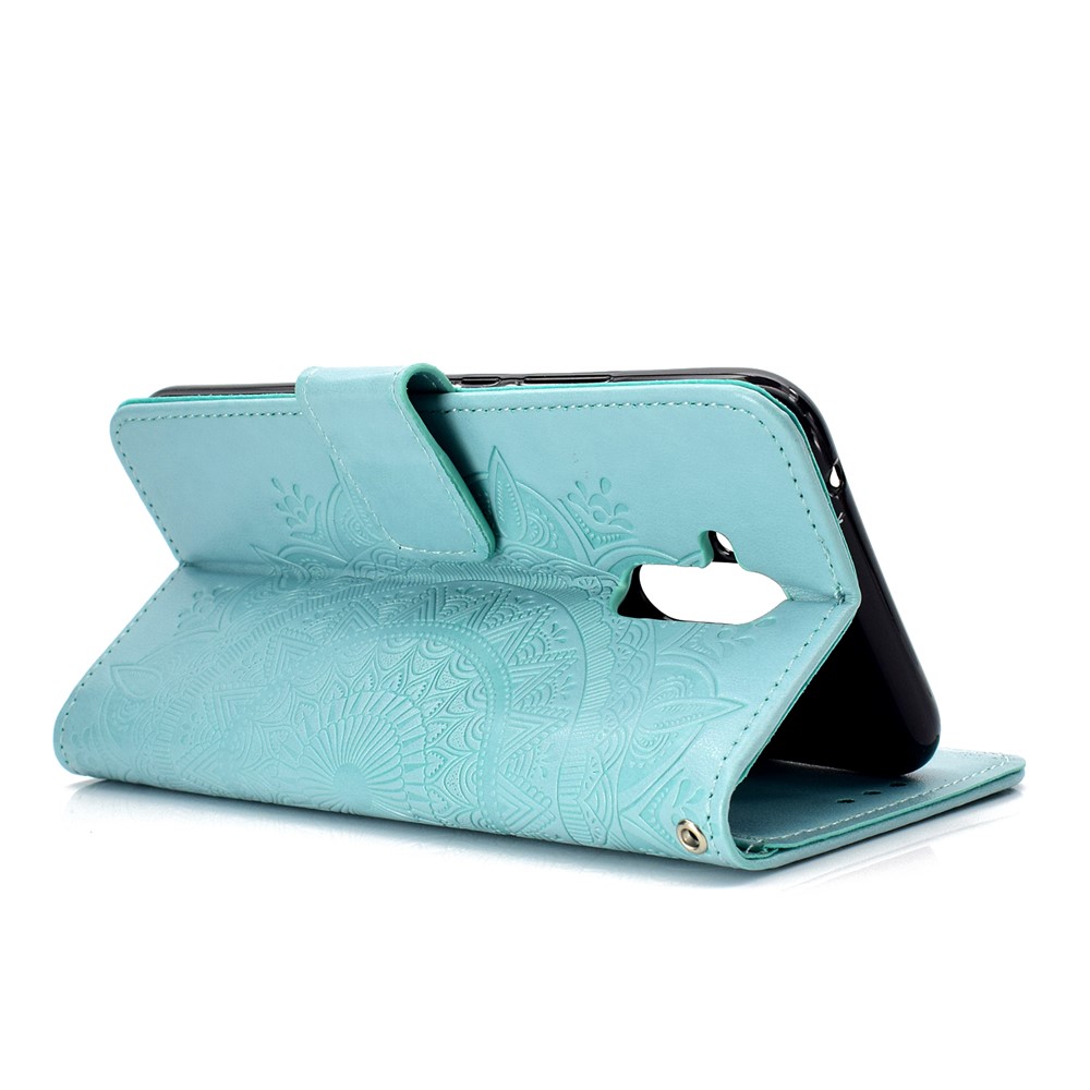 Empreinte Totem Motif Portefeuille Stand en Cuir Couvercle Pour Huawei Mec 20 Lite - Cyan