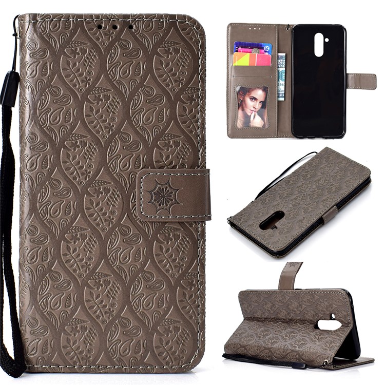 Imprint Leaf Leather Wallet Case for Huawei Mate 20 Lite / Maimang 7 - Grey-1