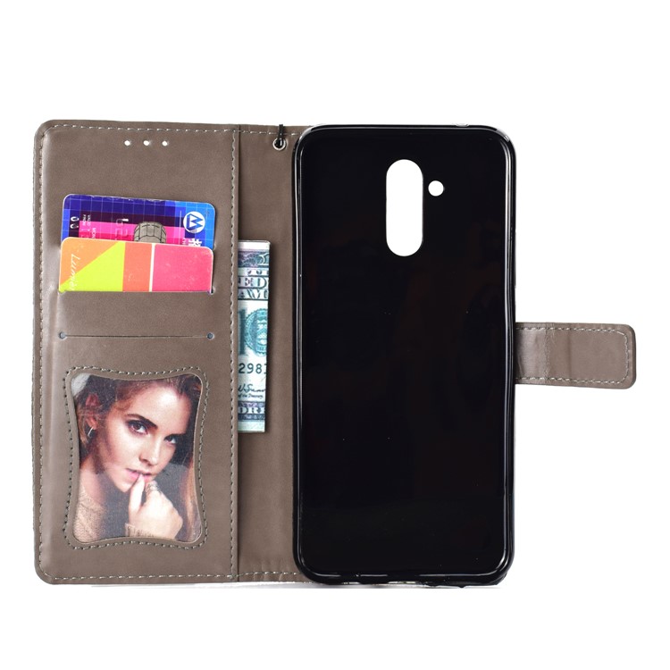Imprint Leaf Leather Wallet Case for Huawei Mate 20 Lite / Maimang 7 - Grey-4