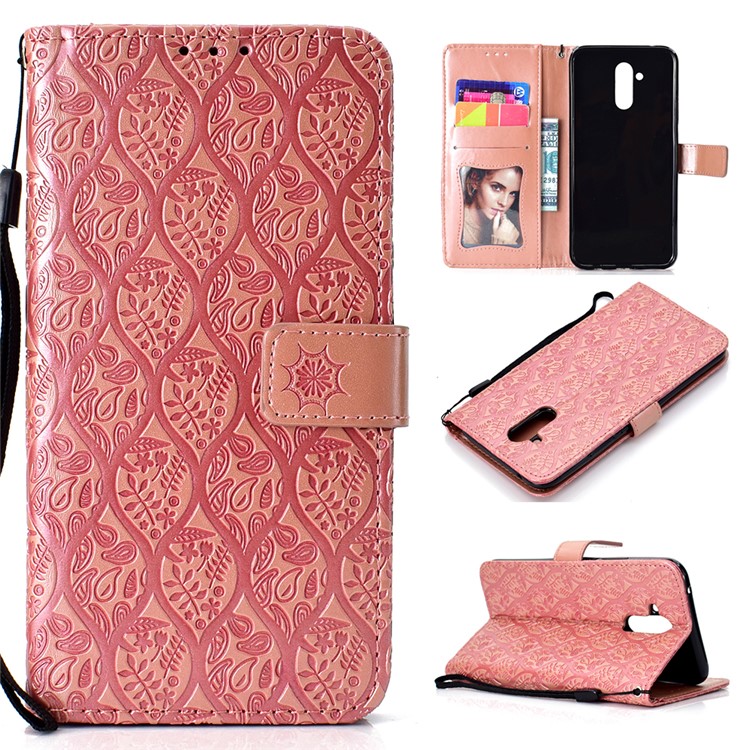 Imprint Leaf Leather Wallet Shell Case for Huawei Mate 20 Lite / Maimang 7 - Pink-1