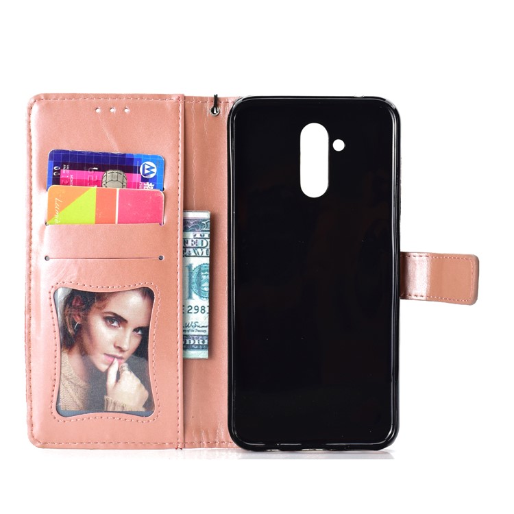 Imprint Leaf Leather Wallet Shell Case for Huawei Mate 20 Lite / Maimang 7 - Pink-4
