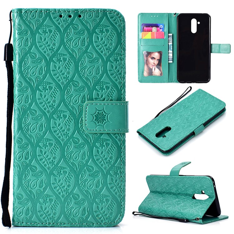 Imprint Leaf Magnetic Leather Stand Case for Huawei Mate 20 Lite / Maimang 7 - Cyan-1