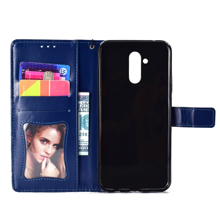Imprint Leaf Cell Phone Leather Wallet Case for Huawei Mate 20 Lite / Maimang 7 - Dark Blue-4