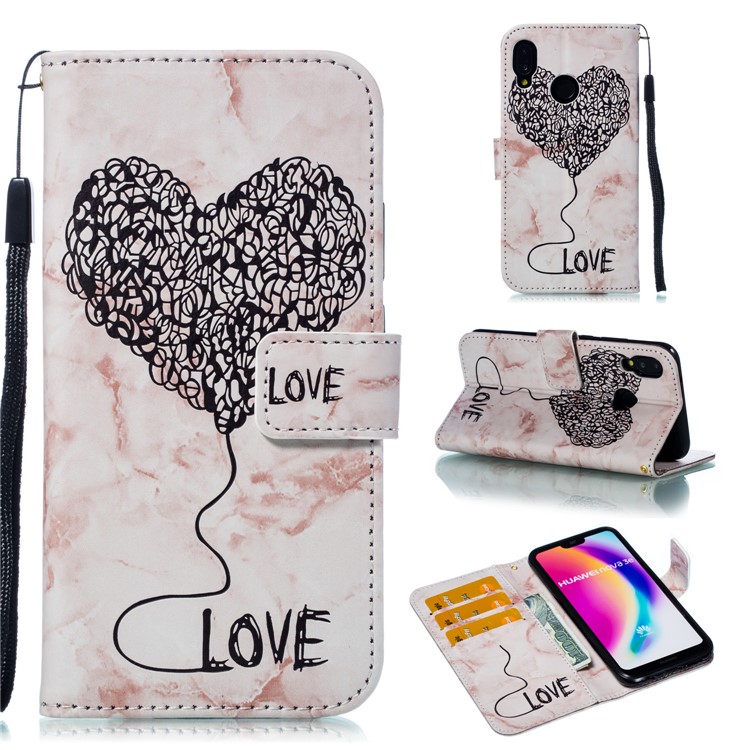 Imprinted Lover Heart Pattern Marble Leather Case for Huawei P20 Lite / Nova 3e - Pink-1