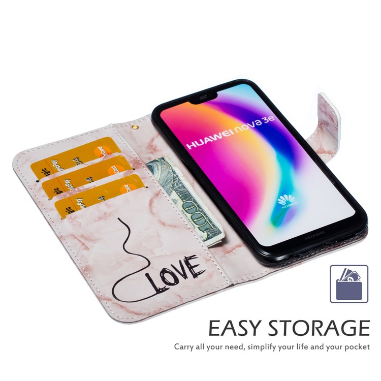 Imprinted Lover Heart Pattern Marble Leather Case for Huawei P20 Lite / Nova 3e - Pink-8