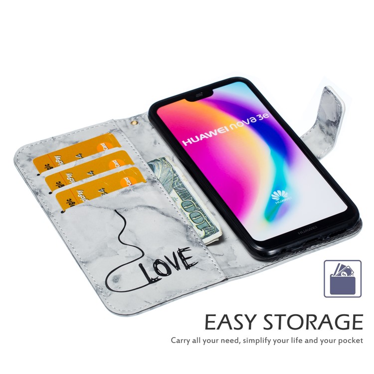 Imprinted Lover Heart Pattern Marble Leather Cover for Huawei P20 Lite / Nova 3e - Black-8
