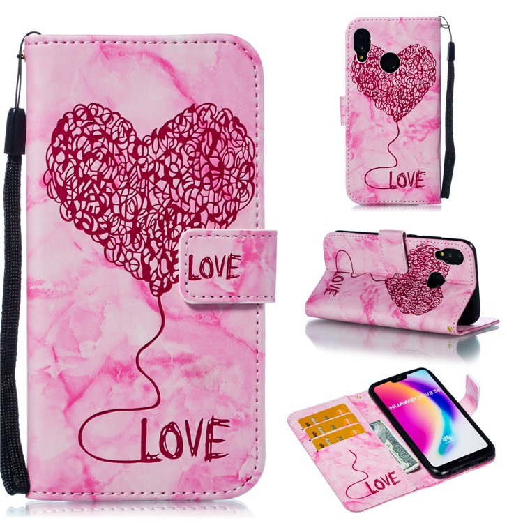 Imprinted Lover Heart Pattern Marble Leather Shell for Huawei P20 Lite / Nova 3e - Red-1