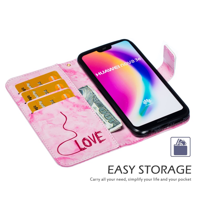 Imprinted Lover Heart Pattern Marble Leather Shell for Huawei P20 Lite / Nova 3e - Red-8
