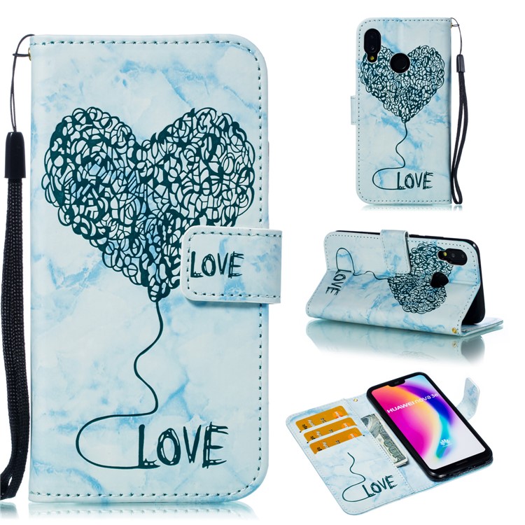 Imprinted Lover Heart Pattern Marble Leather Flip Case for Huawei P20 Lite / Nova 3e - Blue-1