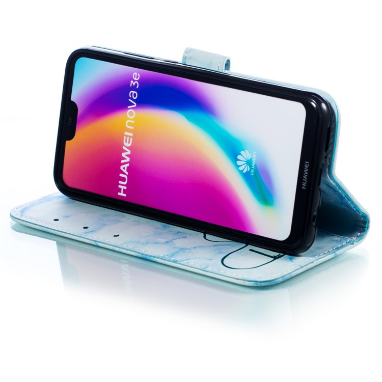 Imprinted Lover Heart Pattern Marble Leather Flip Case for Huawei P20 Lite / Nova 3e - Blue-5