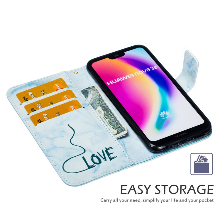 Imprinted Lover Heart Pattern Marble Leather Flip Case for Huawei P20 Lite / Nova 3e - Blue-8
