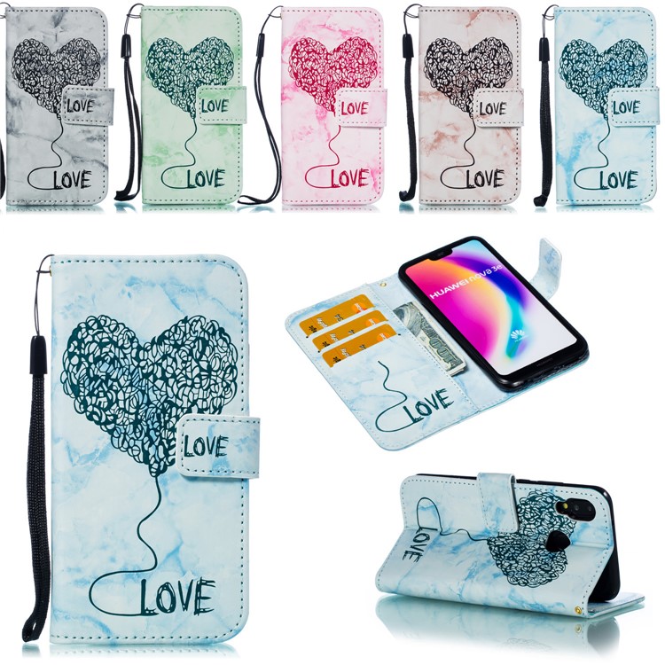 Imprinted Lover Heart Pattern Marble Leather Flip Case for Huawei P20 Lite / Nova 3e - Blue-9