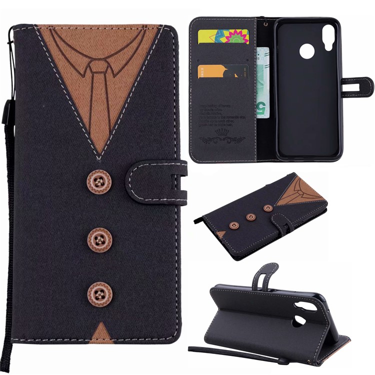 Splicing Imprint Men Tie Leather Wallet Stand Mobile Cover with Strap for Huawei P20 Lite / Nova 3e (China) - Black-1