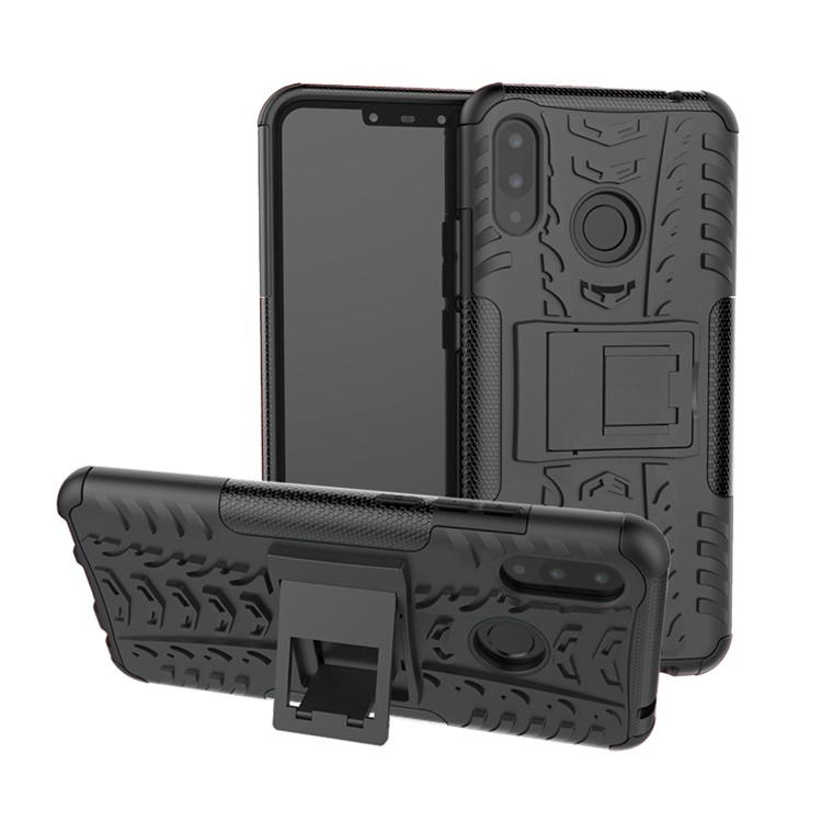 Tire Pattern Kickstand PC + TPU Hybrid Cover for Huawei P Smart+ / nova 3i - All Black-1