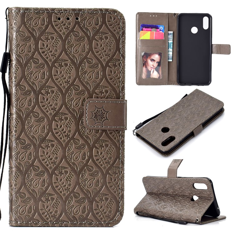 Imprint Leaf Leather Stand Case with Card Slots for Huawei nova 3i / P Smart Plus - Grey-1