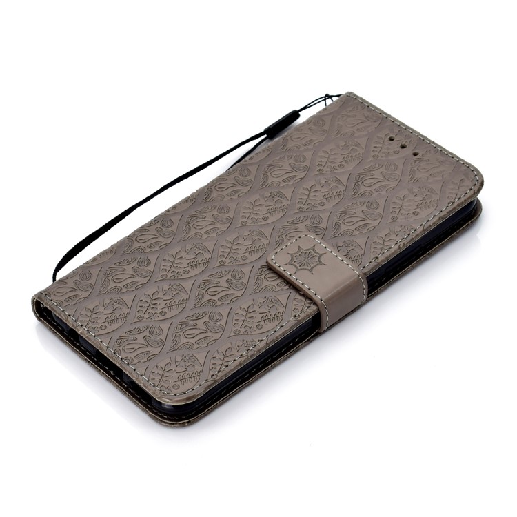 Imprint Leaf Leather Stand Case with Card Slots for Huawei nova 3i / P Smart Plus - Grey-7