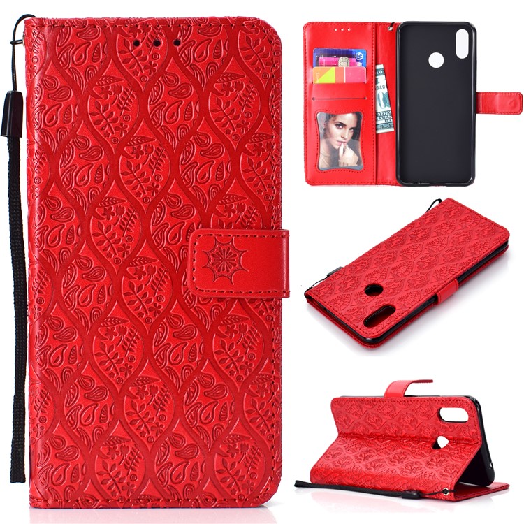 Imprint Leaf Leather Stand Casing with Card Slots for Huawei nova 3i / P Smart Plus - Red-1