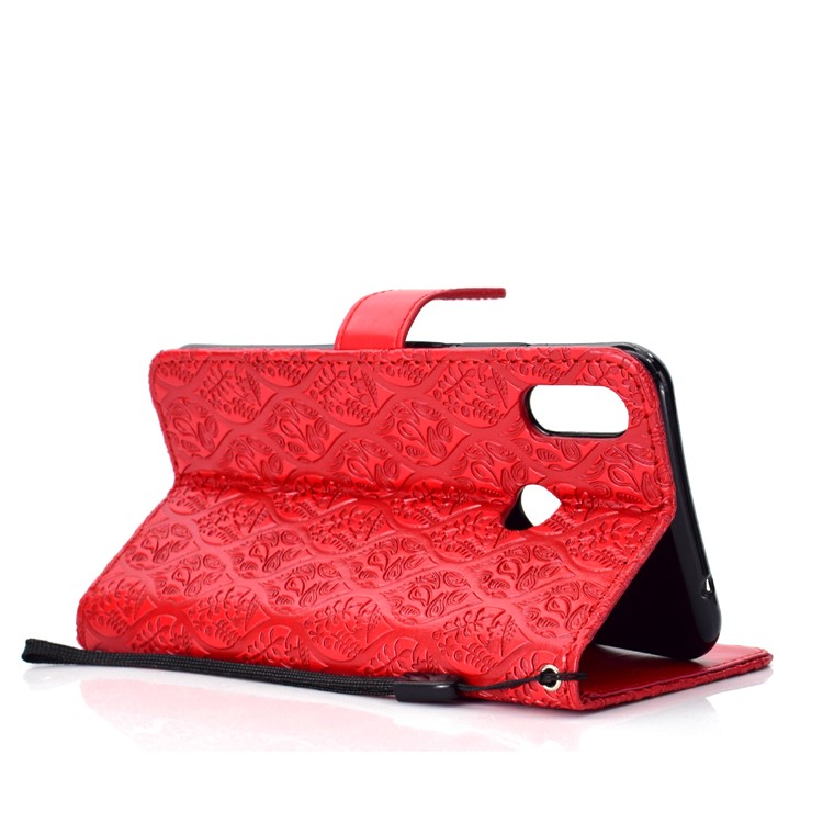 Imprint Leaf Leather Stand Casing with Card Slots for Huawei nova 3i / P Smart Plus - Red-5