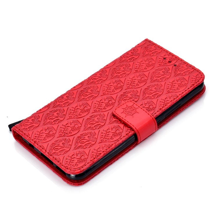 Imprint Leaf Leather Stand Casing with Card Slots for Huawei nova 3i / P Smart Plus - Red-7