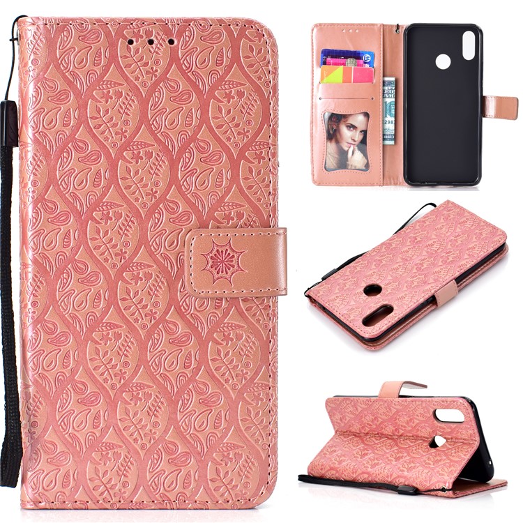 Imprint Leaf Leather Stand Shell with Card Slots for Huawei nova 3i / P Smart Plus - Pink-1