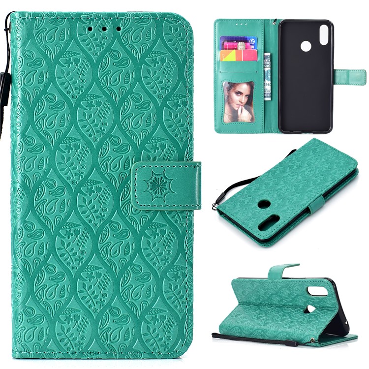 Imprint Leaf Leather Stand Cover with Card Slots for Huawei nova 3i / P Smart Plus - Cyan-1