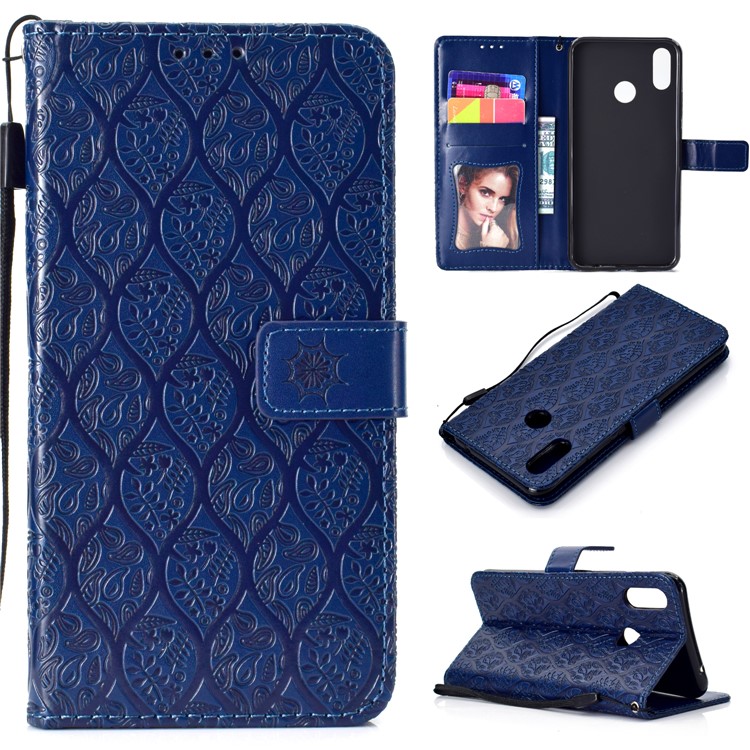 Imprint Leaf Leather Case Accessory with Stand Card Slots for Huawei nova 3i / P Smart Plus - Dark Blue-1