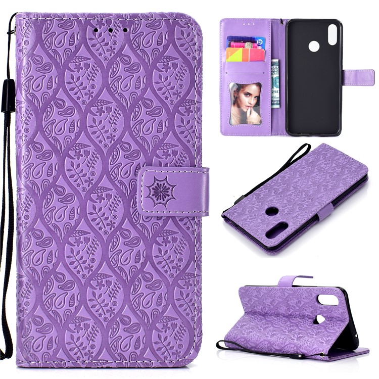 Imprint Leaf Leather Stand Case Cover with Card Slots for Huawei nova 3i / P Smart Plus - Purple-1