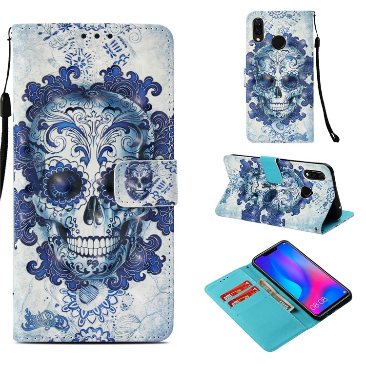 Protecteur De Couverture En Cuir Portefeuille D'impression De Modèle Pour Huawei Nova 3i / P Smart + - Crâne Fleuri-1