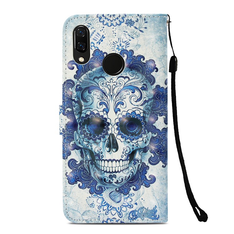 Protecteur De Couverture En Cuir Portefeuille D'impression De Modèle Pour Huawei Nova 3i / P Smart + - Crâne Fleuri-3