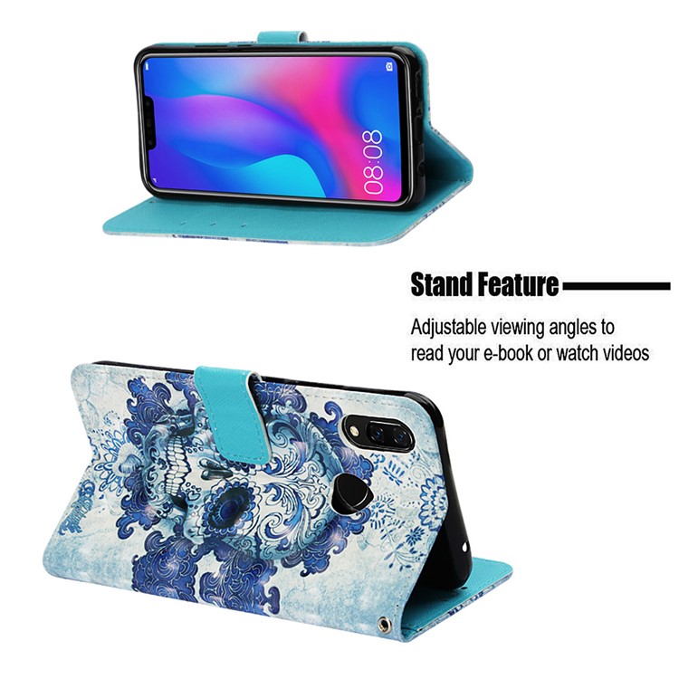 Protecteur De Couverture En Cuir Portefeuille D'impression De Modèle Pour Huawei Nova 3i / P Smart + - Crâne Fleuri-4